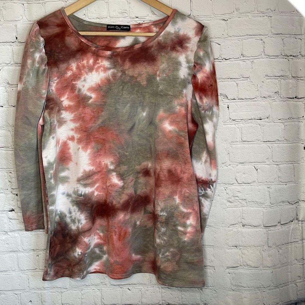 Kim & Cami Women’s Pink Gray Tie Dye Puff Sleeve 3/4 Length Sleeve Top Large